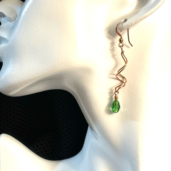 Hand Crafted Copper Twist Green Crystal Drop Earrings - Picture 3 of 8